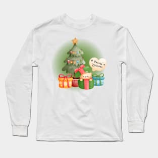 Christmas Tree with Cute Cat in Gift Box Long Sleeve T-Shirt